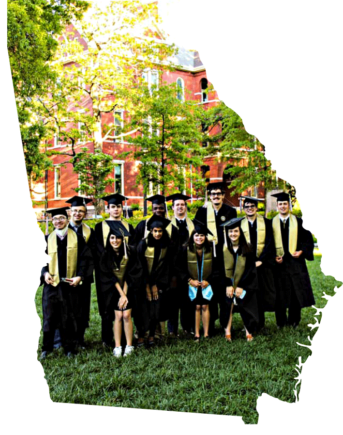 Georgia map shape with a group of students graduating in the inside